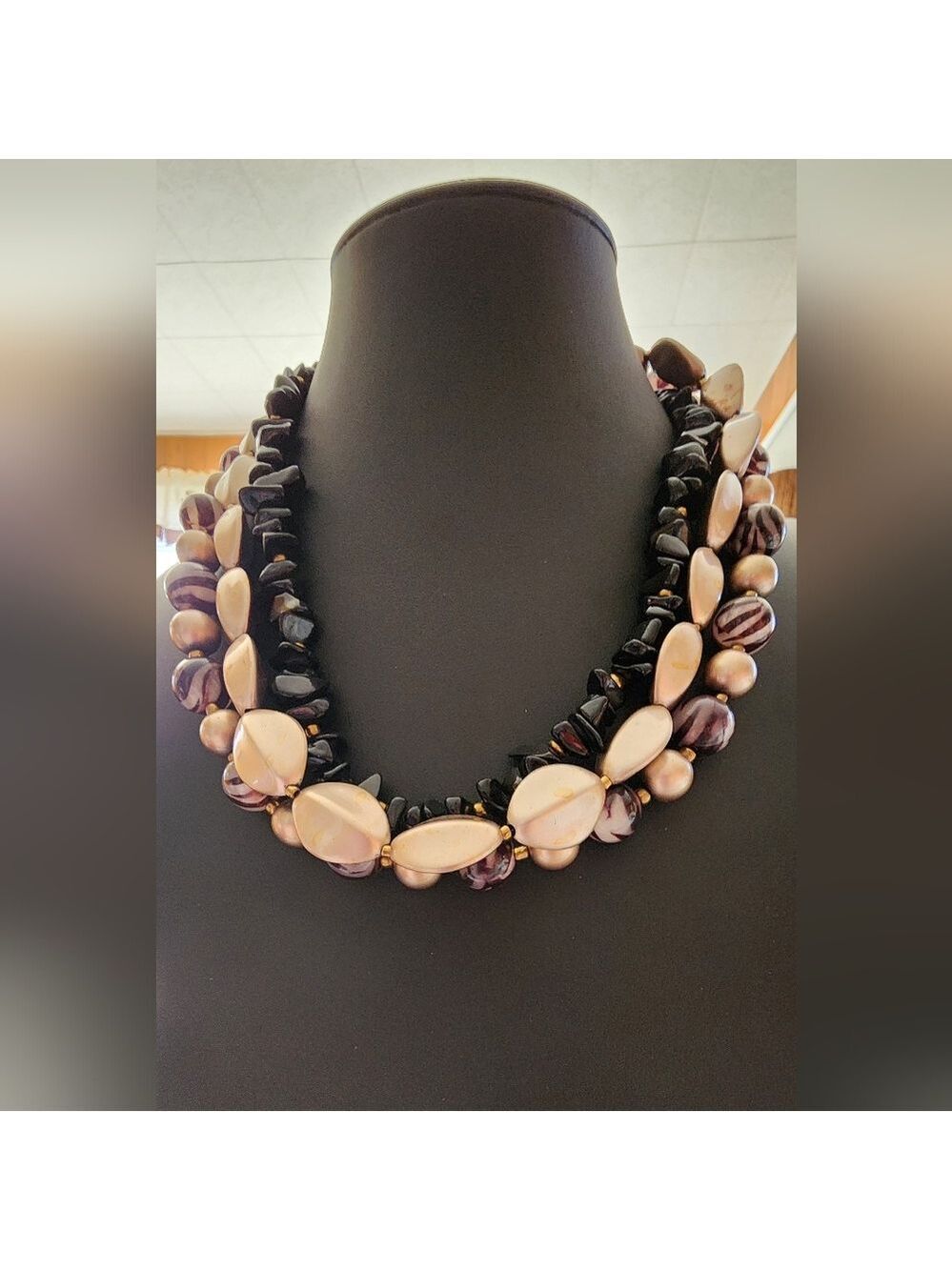 STUNNING Multi-Strand Statement Necklace with Black Chips, Marbled Purple Beads